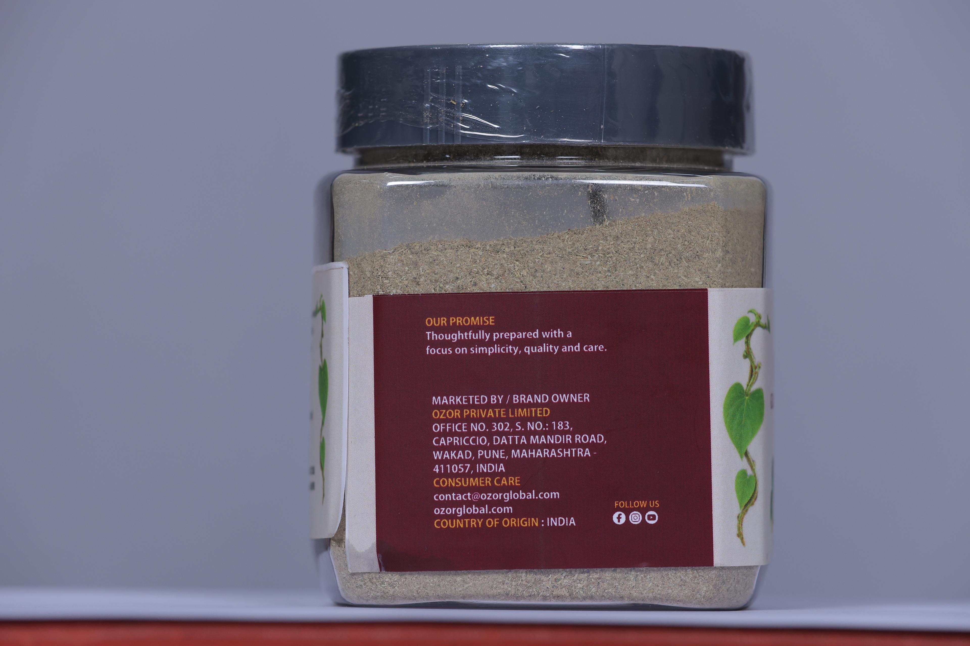 OZOR Giloy Stem Powder jar, company information panel
