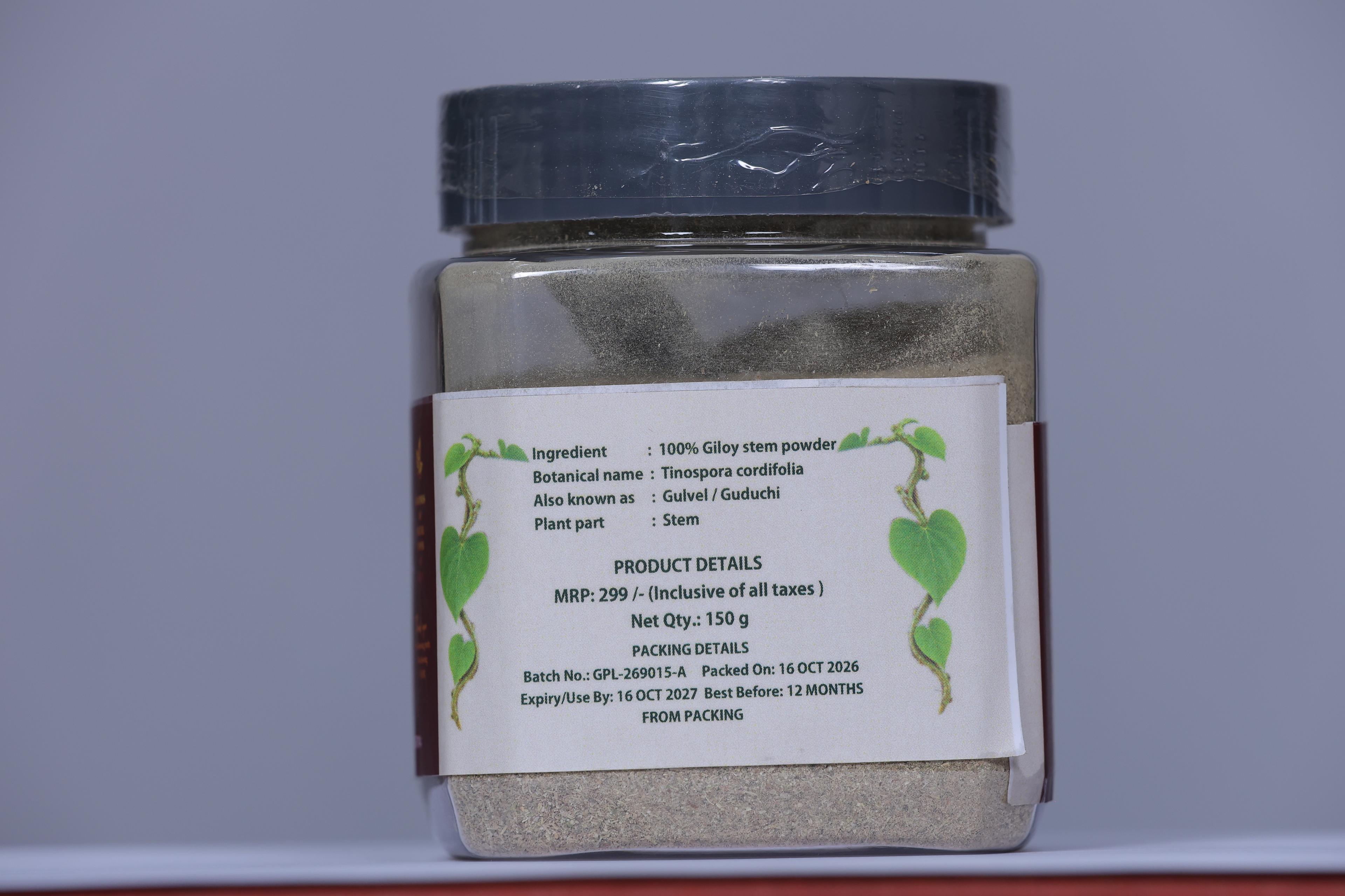 OZOR Giloy Stem Powder jar, product information panel