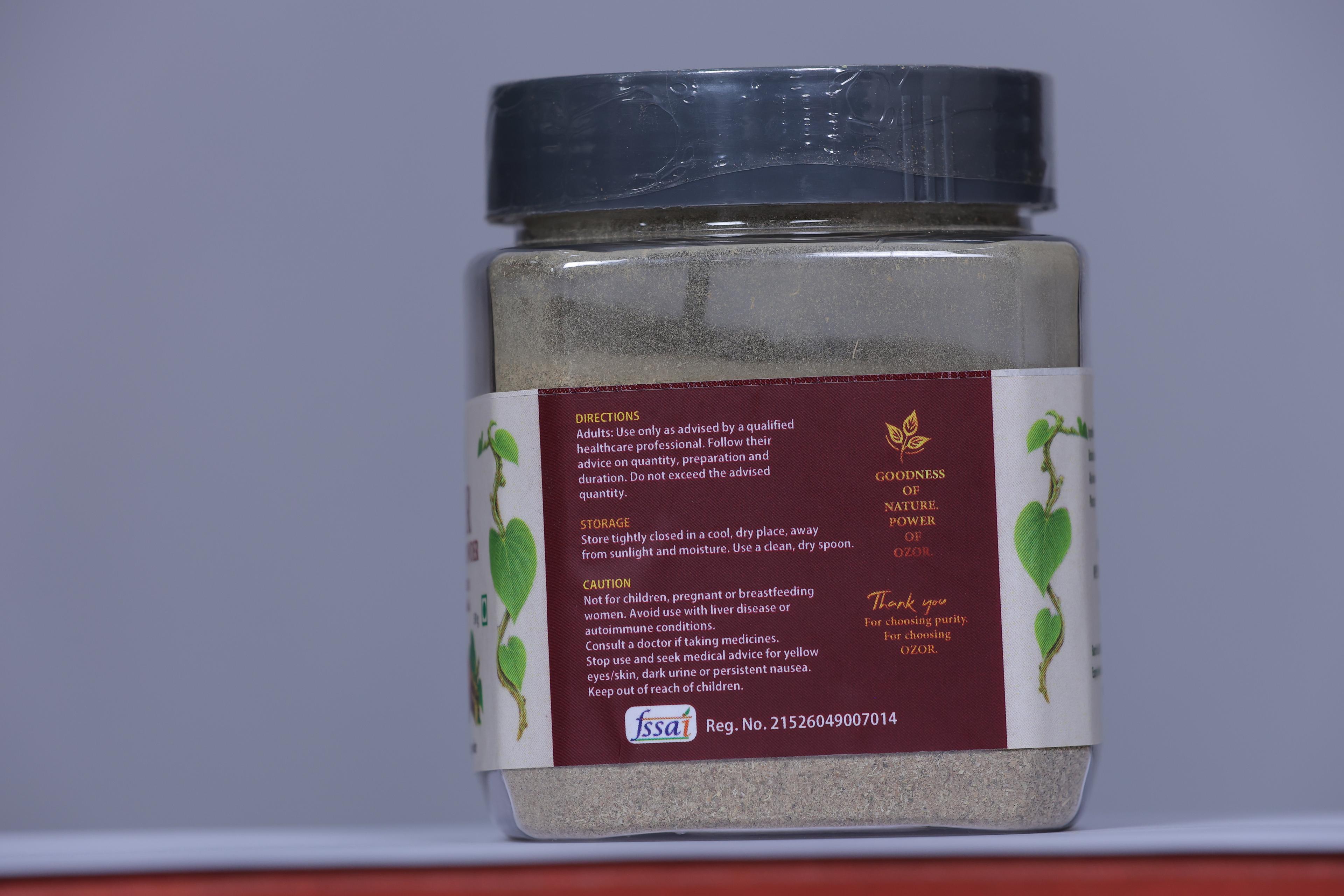 OZOR Giloy Stem Powder jar, directions and caution panel