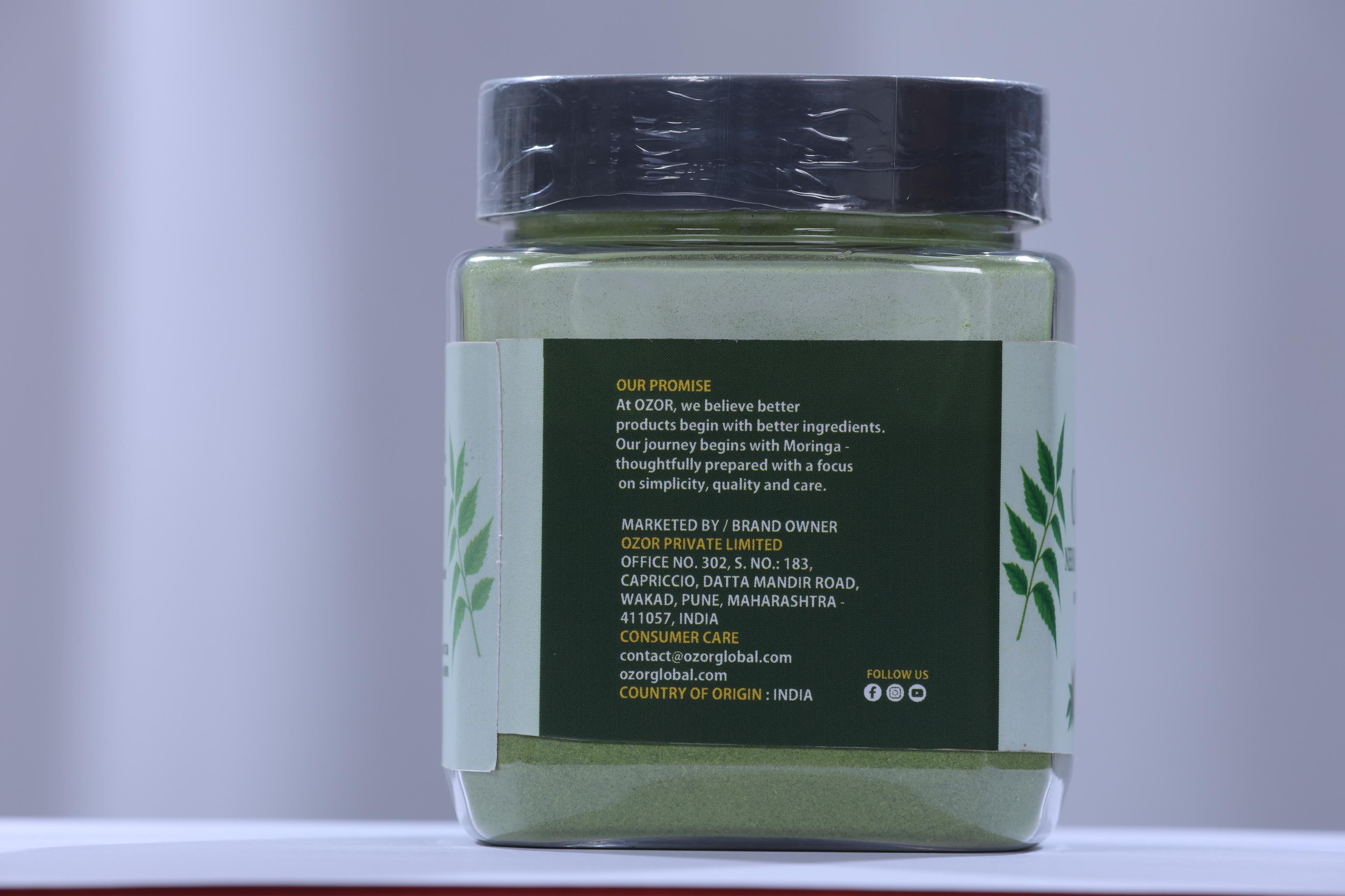OZOR Neem Leaf Powder jar, company information panel