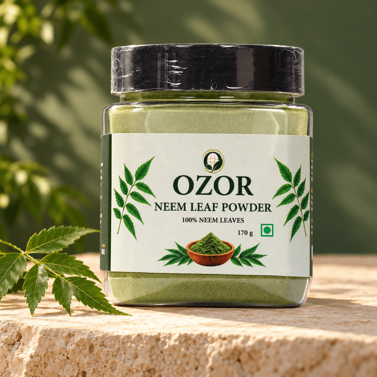 OZOR Neem Leaf Powder 170 g, jar with neem leaf