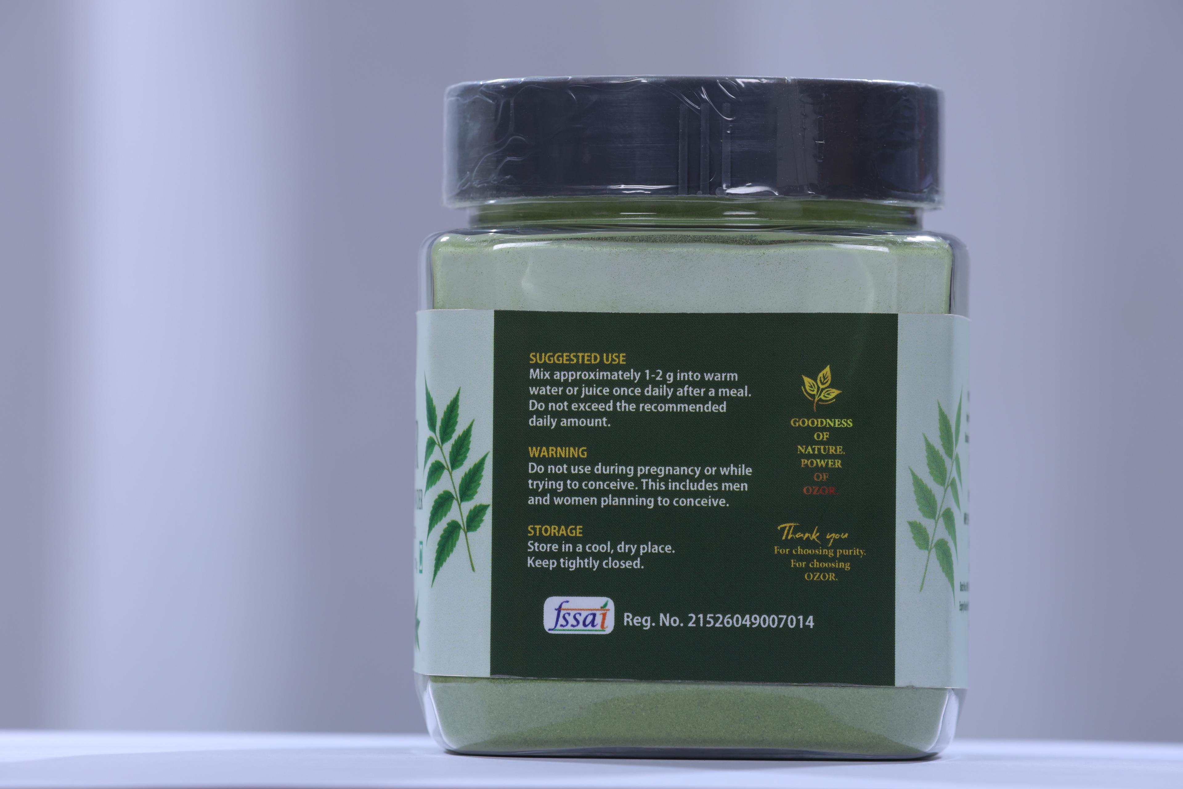 OZOR Neem Leaf Powder jar, suggested use panel