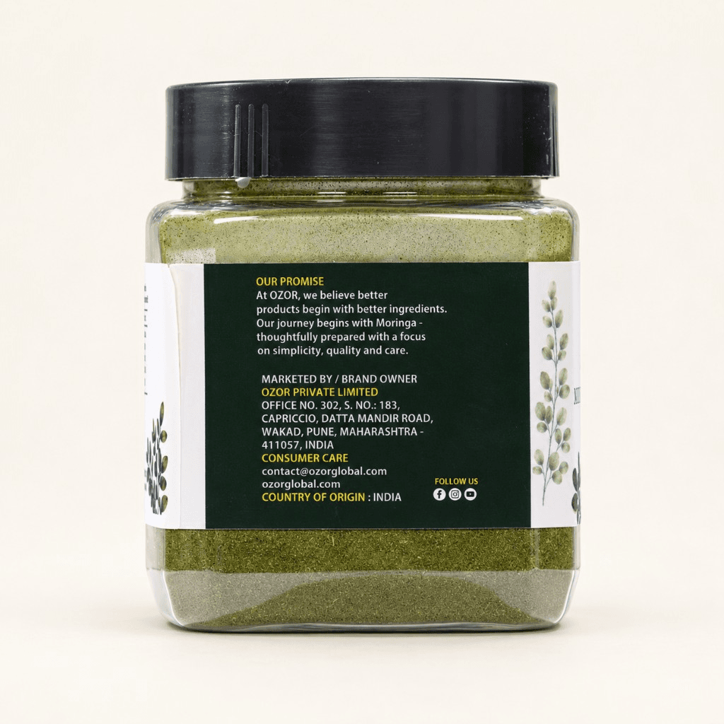 OZOR Moringa Leaf Powder jar, company information panel