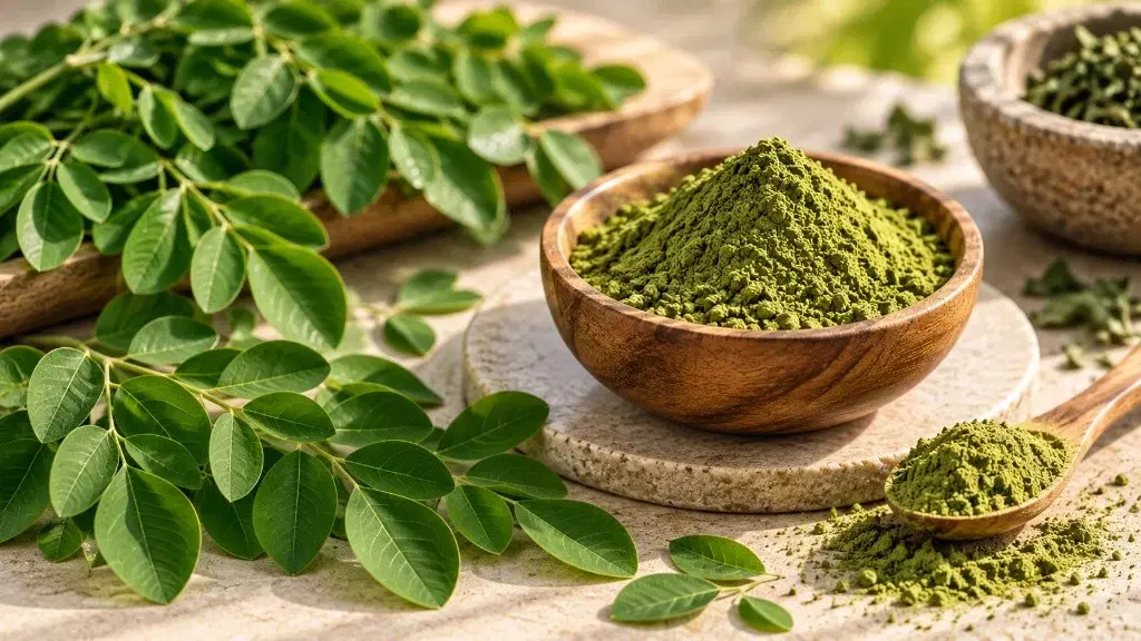 Fresh moringa leaves and powder