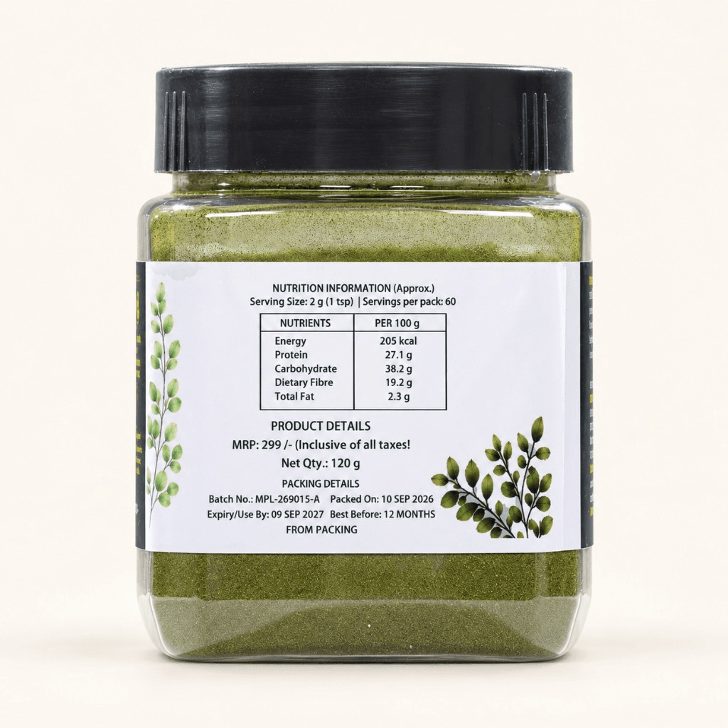 OZOR Moringa Leaf Powder jar, nutrition panel