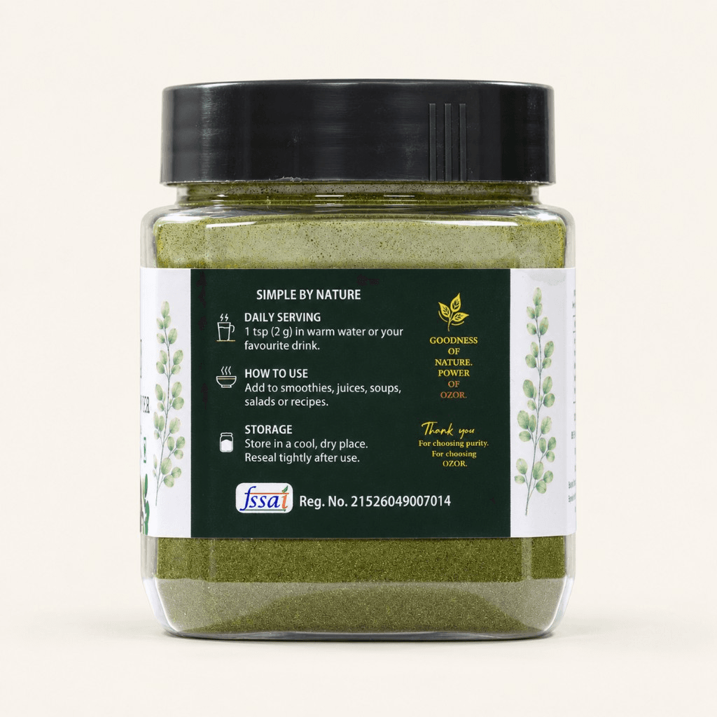 OZOR Moringa Leaf Powder jar, usage and storage panel